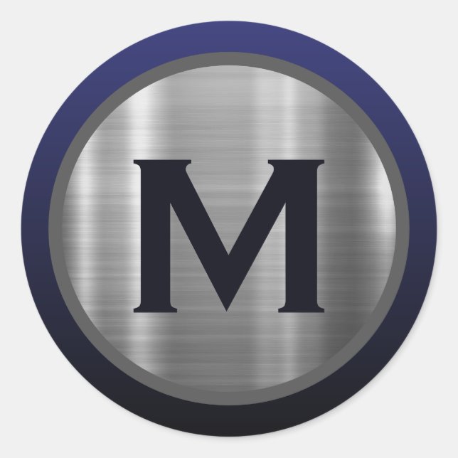 Sticker Rond Monogramme Argent Brossé Bleu Marine (Devant)