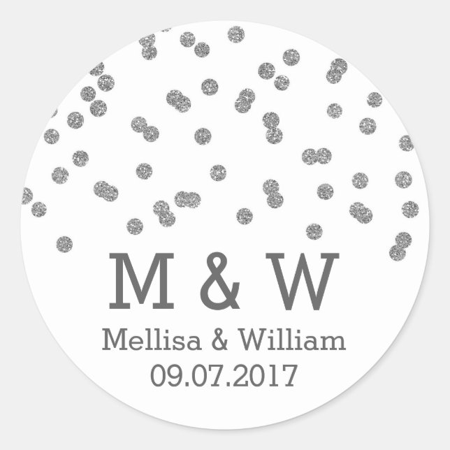 Sticker Rond Monogramme Argent Confetti Mariage Faveur Tags (Devant)