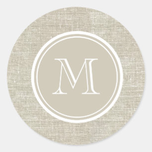 Sticker Rond Monogramme Arrière - plan de lin beige rustique