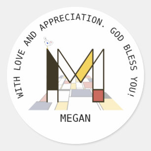 Sticker Rond Monogramme Art Avant-Gardiste. Lettre M