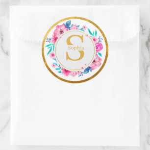 Sticker Rond Monogramme Art I Initiale dorée et rose en aquarel