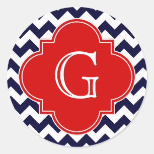 Sticker Rond Monogramme blanc Chevron rouge Quatrefoil