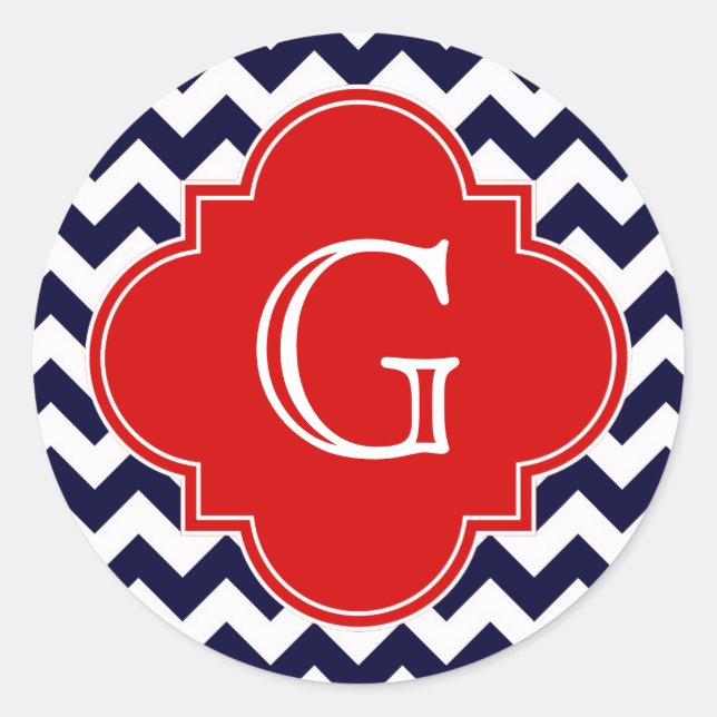 Sticker Rond Monogramme blanc Chevron rouge Quatrefoil (Devant)