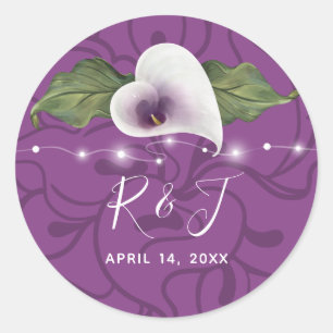 Sticker Rond Monogramme blanc et violet Calla Lily Mariage