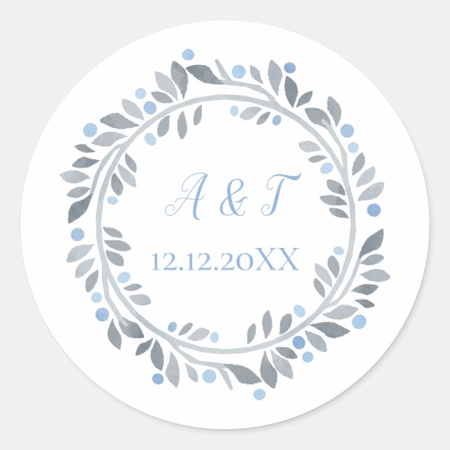 Sticker Rond Monogramme blanc gris bleu Mariage floral (Devant)
