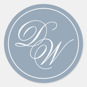 Sticker Rond Monogramme Bleu Dusty Élégant Blancs Initiales Scr