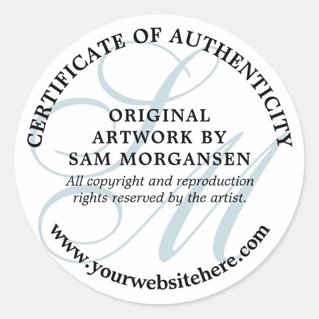 Sticker Rond Monogramme bleu Élégant certificat d'authenticité (Devant)