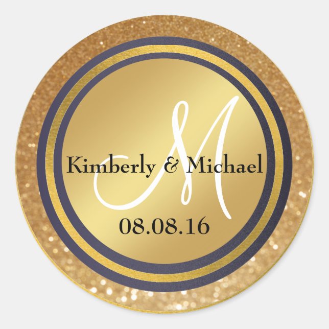 Sticker Rond Monogramme bleu marine Faux Gold (Devant)
