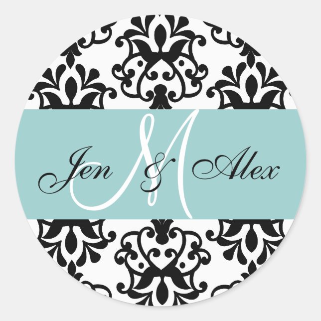 Sticker Rond Monogramme bleu Noms Mariage damassé Seal (Devant)