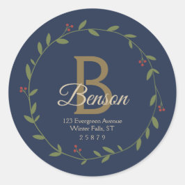 Sticker Rond Monogramme bleu Tan SVG Christmas Wreath Adresse