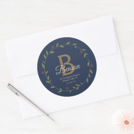 Sticker Rond Monogramme bleu Tan SVG Christmas Wreath Adresse