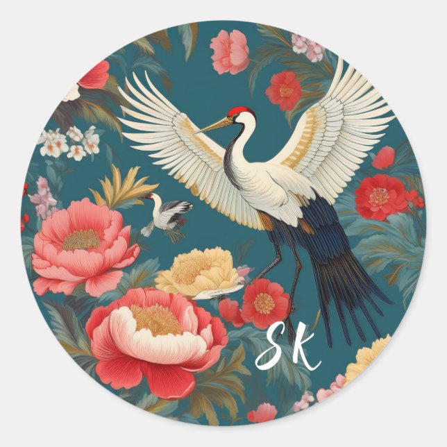 Sticker Rond Monogramme Blue & Red Floral & grues Chinoiserie (Devant)