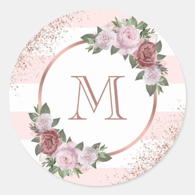 Sticker Rond Monogramme Blush Rose Rose Or Floral (Devant)