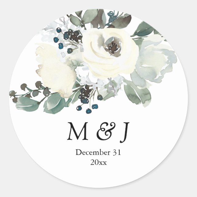 Sticker Rond Monogramme botanique bleu et blanc Dusty (Devant)