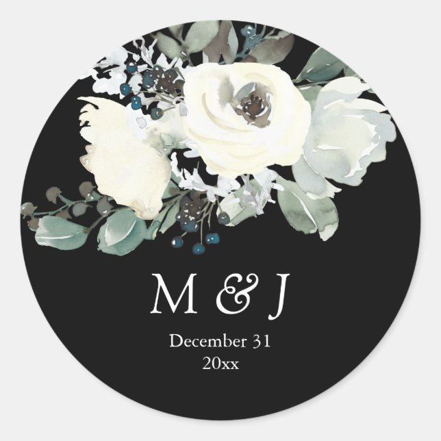 Sticker Rond Monogramme botanique bleu et blanc Dusty - noir (Devant)