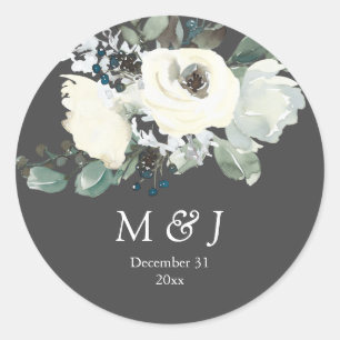 Sticker Rond Monogramme botanique bleu et blanc poussiéreux - g