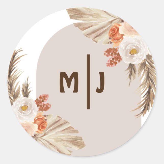 Sticker Rond Monogramme botanique Boho Pampas Mariage en herbe (Devant)