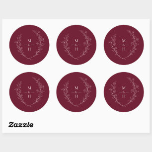Sticker Rond Monogramme Botanique Bordeaux Élégant Cadeau de Ma