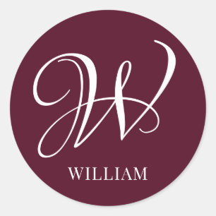 Sticker Rond Monogramme Bourgogne Elégant Personnalisé Initial