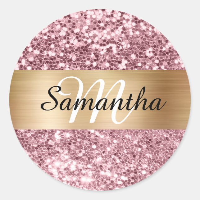 Sticker Rond Monogramme brillant or Parties scintillant rose br (Devant)