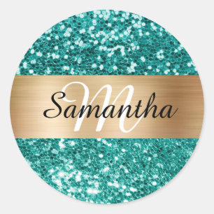Sticker Rond Monogramme brillant or Parties scintillant Turquoi