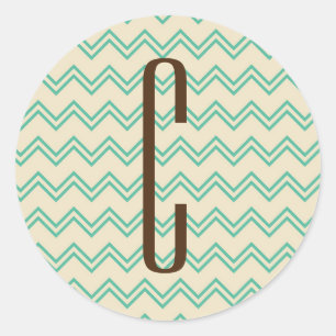 Sticker Rond Monogramme Brown sur Motif Turquoise Green Chevron