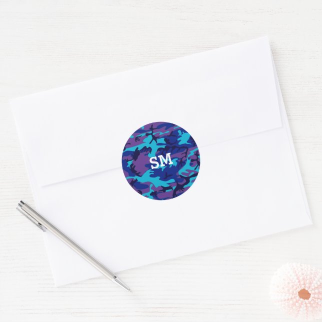 Sticker Rond Monogramme Camouflage bleu foncé et violet (Enveloppe)