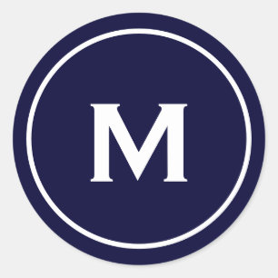 Sticker Rond Monogramme classique simple bleu marine blanc