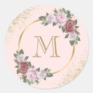 Sticker Rond Monogramme Confettis Floral Or Rose