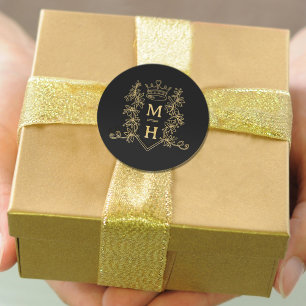 Sticker Rond Monogramme couronne crest or noir mariage