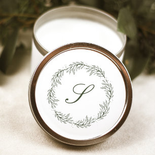 Sticker Rond Monogramme Couronne de mariage en vert olive écrit