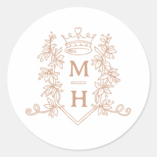 Sticker Rond Monogramme couronne rose or mariage