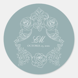 Sticker Rond Monogramme Crest Ornement Dusty Blue Mariage Logo