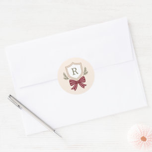 Sticker Rond Monogramme Crest Red Bow Enveloppe de Noël