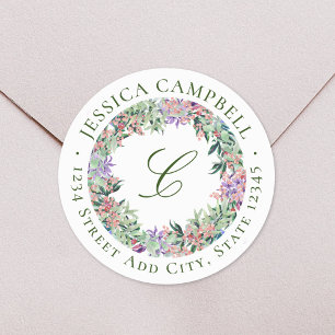 Sticker Rond Monogramme d'adresse de retour Couronne Florale Lu