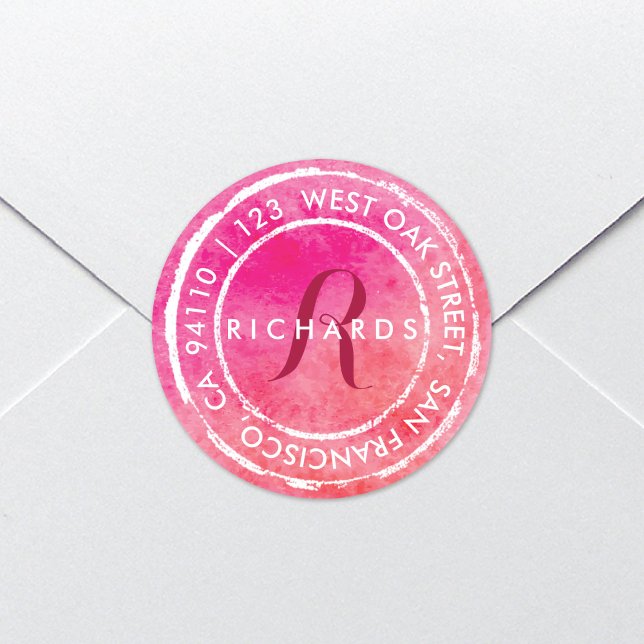 Sticker Rond Monogramme d'aquarelle rose rustique | Adresse ron (Créateur téléchargé)