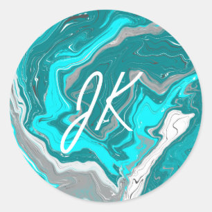 Sticker Rond Monogramme d'art fluvial en marbre bleu, Turquoise