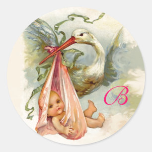 STICKER ROND MONOGRAMME DE BABY SHOWER DE CIGOGNE,