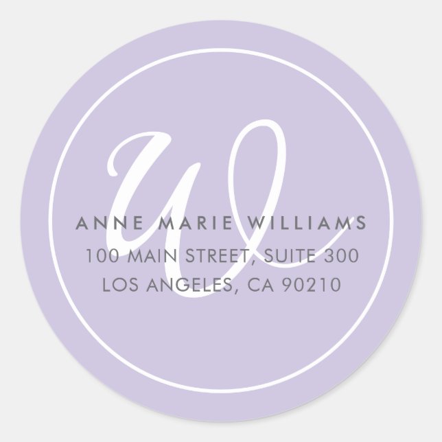 Sticker Rond Monogramme de bordure de script blanc lavande mini (Devant)