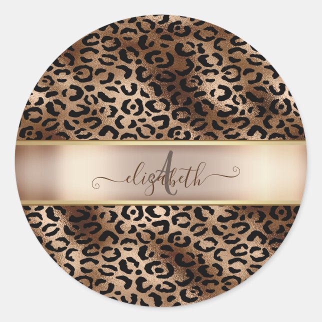 Sticker Rond Monogramme de bronze noir Motif léopard (Devant)