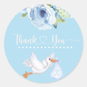 Sticker Rond Monogramme de cigogne bleue Baby shower floral Mer