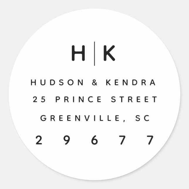 Sticker Rond Monogramme de couple moderne Adresse de retour (Devant)