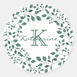 Sticker Rond Monogramme de couronne d'aquarelle Feuille verte