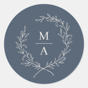 Sticker Rond Monogramme de couronne de laurier bleu marine simp