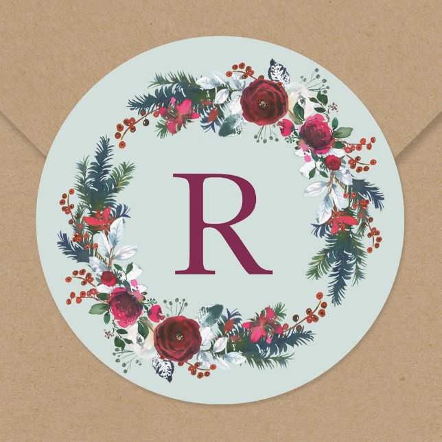 Sticker Rond Monogramme de couronne de Noël Floral (Créateur téléchargé)
