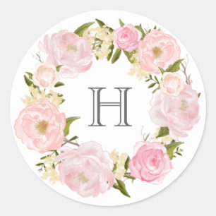 Sticker Rond Monogramme de couronne de pivoine rose