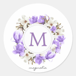 Sticker Rond Monogramme de couronne d'eau magnolia violette