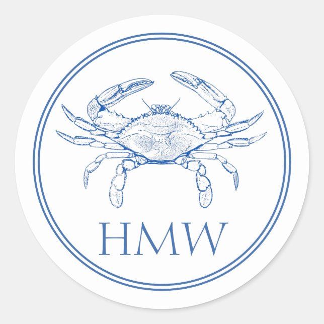 Sticker Rond Monogramme de crabe bleu et blanc côtier (Devant)