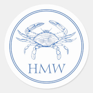 Sticker Rond Monogramme de crabe bleu et blanc côtier