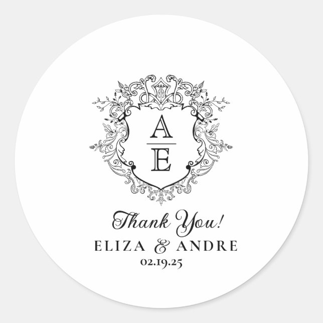 Sticker Rond Monogramme de crête florale Merci Mariage (Devant)